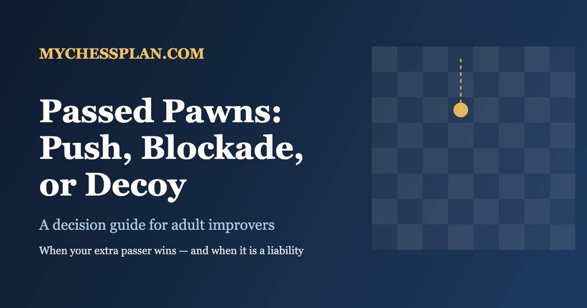 Chessboard showing a passed pawn advancing, with push, blockade and decoy options
